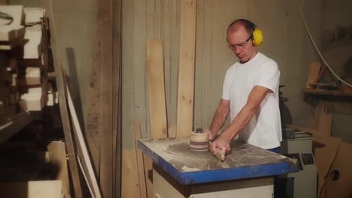 Man Sanding Wood in Workshop with Safety Equipment