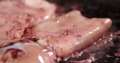 Raw Squid Sizzling in Pan Close Up