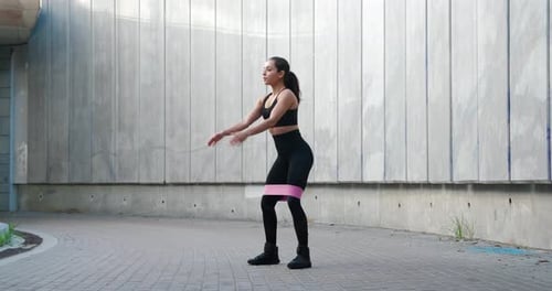 Young Woman Doing Squats with Resistance Band Outdoors