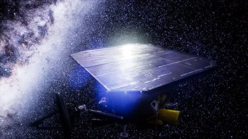 Futuristic Spacecraft Flying Through Stars with Bright Solar Panels
