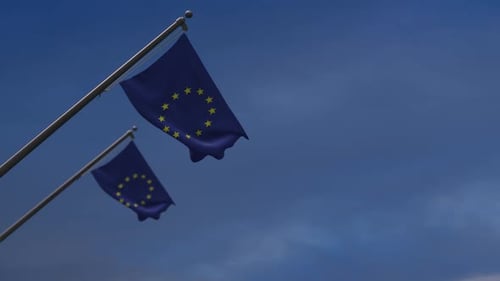 Realistic European Union Flag Waving in Blue Sky
