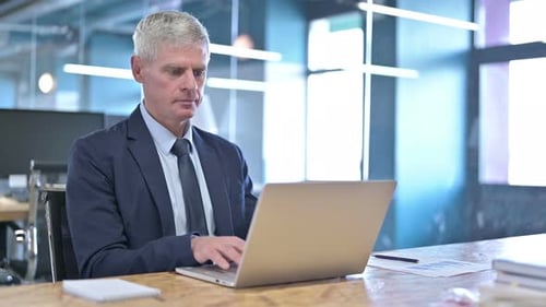 Adult Man Typing on Laptop in Modern Office