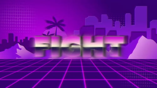 Vintage video game screen with metallic word fight written