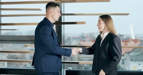Business Professionals Shaking Hands in Modern Office