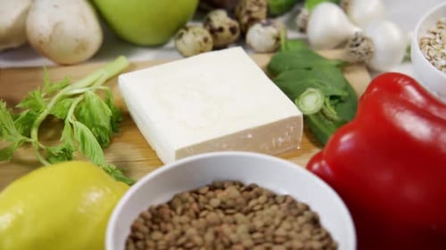 Fresh Food Ingredients Arranged on Cutting Board