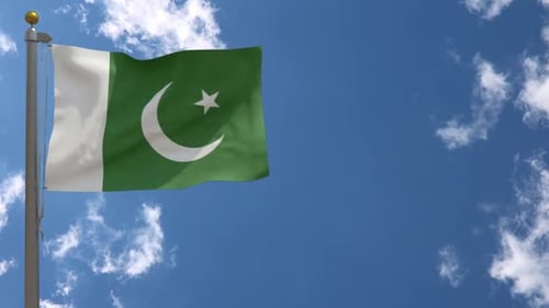 Pakistan Flag Waving on Flagpole Against Blue Sky