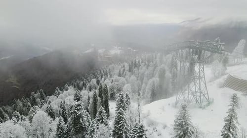 Aerial View of a Beautiful Winter Landscape with Snowy Green Coniferous Forest