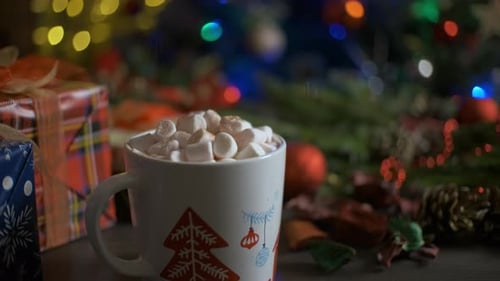 Festive Cocoa with Marshmallows and Christmas Decorations