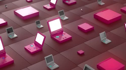 Animated Retro Gaming Handhelds Opening and Closing on Grid
