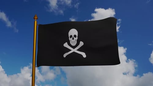 Waving Jolly Roger Pirate Flag on Golden Pole