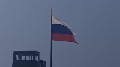 Animated Russian Flag Waving Over Military Guard Tower