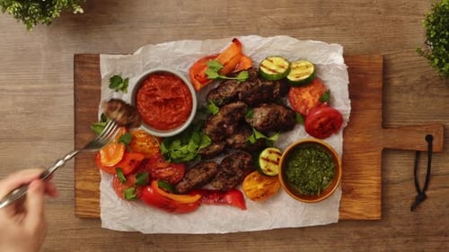 Crop person eating Salisbury steak with sauces and vegetables