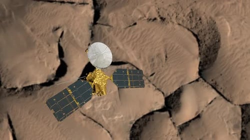 Mars Reconnaissance Orbiter, MRO umkreist Mars. Mars-Planet dreht sich im Weltraum. Reisen nach