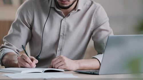 Close Up Unknown Man Businessman Writer Student Clerk Receptionist Wear Headset Listen Online