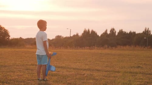 Little boy plays with a toy plane in a field at sunset. Childhood, freedom, inspiration concept.