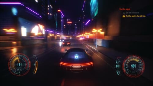 Futuristic Car Driving Through Neon Cyberpunk City with HUD Interface