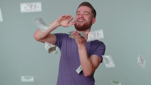 Arrogant Rich Man Rejoicing Big Money Win Surprise Sudden Lottery Gain Dollar Bills Falling Around