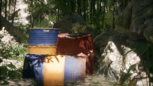 Rusty Barrels in Green Forest