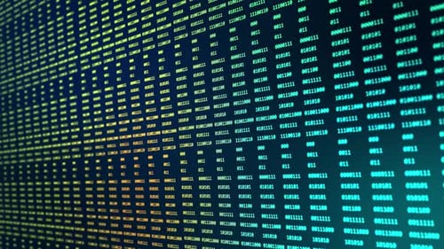 Blauer digitaler Big-Data-Code mit Mainframe in einem futuristischen Technologiecomputer