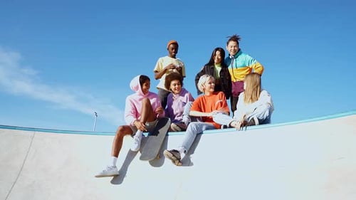 Friends Sitting Together at Skatepark on Sunny Day