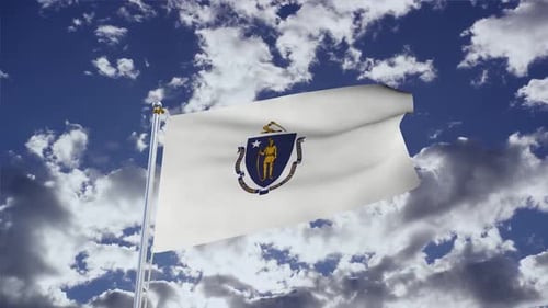 Realistic Massachusetts State Flag Waving in Cloudy Sky