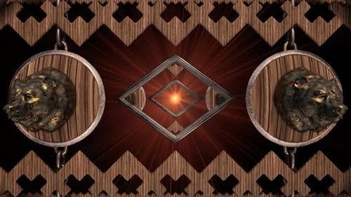 Decorative Ancient Frame with Animated Bear Head Emblems and Glowing Center