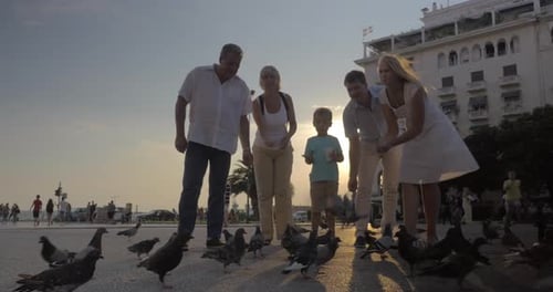 Family feeding pigeons in the street at sunset