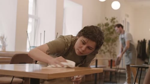 Female Cafe Worker Wiping Table Scrupulously