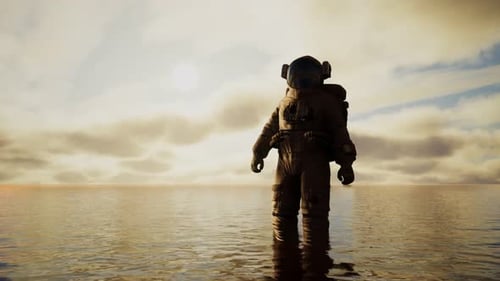 Spaceman in the Sea Under Clouds at Sunset