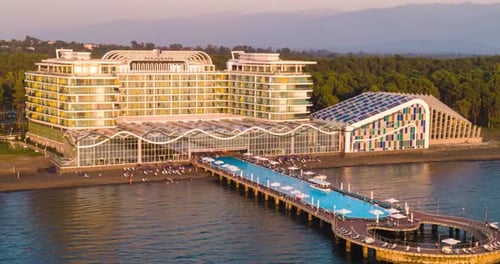 Shekvetili. Georgia - 08.08.2020: Aerial Hyperlapse of Modern hotel Paragraph