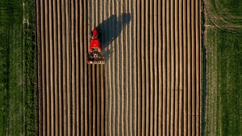 Aerial View of Tractor Performs Seeding on the Field