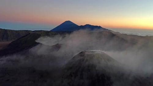 Aerial view of Mount Bromo at sunrise. Tourist attractions in east Java from viewpoint, Indonesia.