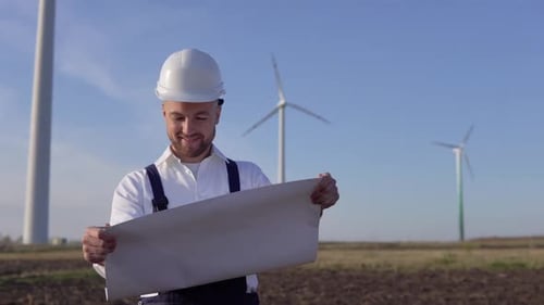 A Male Engineer in a White Helmet and a Classic Shirt Inspects the Power Plant's Capacity and Reads