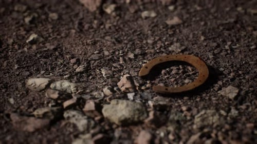 Moving Camera Shot of a Rustic Horseshoe on Dirt