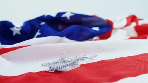 Military Dog Tags Falling on American Flag