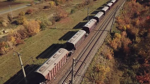 trem de carga com vagões está passando por trem perto de aterrissagens com árvores no fundo dos campos