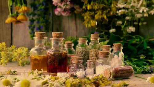 Alternative Medicine Still Life With Herbs and Flowers