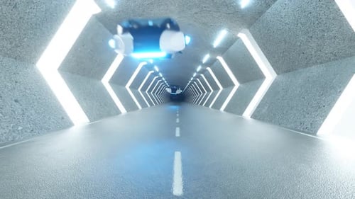 Long tunnel futuriste avec des voitures volantes