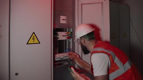 Electrician is Working Inside Electrical Panel in Plant Breaking Equipment