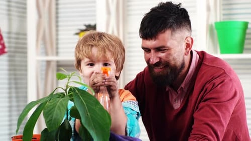 Father and Son Plantig Plant in Pots