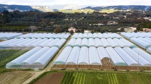 Aerial View of Greenhouses in Rural Farming Area