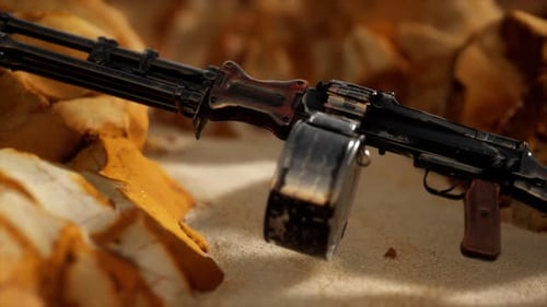 3D Machine Gun Rotating on Desert Sand