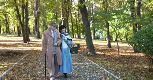 Happy Elegant Elderly Married Couple Walking Together in Sunny Park