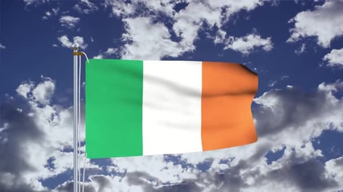Waving Ireland National Flag Against a Cloudy Blue Sky