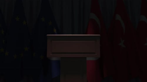 European Union and Turkey Flags Reveal with Podium