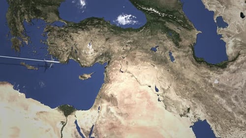 Route of a Plane Flying To Mosul Iraq on the Map