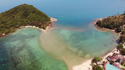 Aerial Drone View Small Koh Ma Island, Ko Phangan Thailand. Exotic Coast Panoramic Landscape, Mae