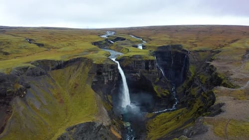 Flying Around the Haifoss Waterfall in Southern Iceland