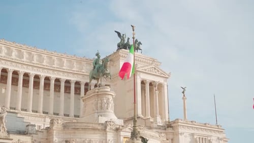 Italian Landmark in Rome with Flag Waving