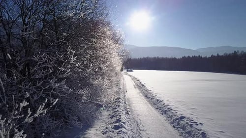 Snowy Winter Landscape Drone Point of View